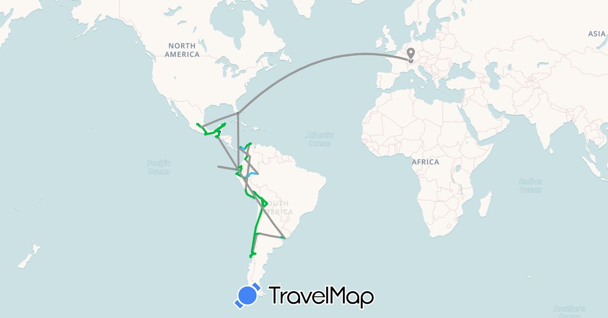 TravelMap itinerary: driving, bus, plane, boat, hitchhiking in Argentina, Bolivia, Switzerland, Chile, Colombia, Ecuador, Guatemala, Mexico, Panama, Peru, United States, Uruguay (Europe, North America, South America)